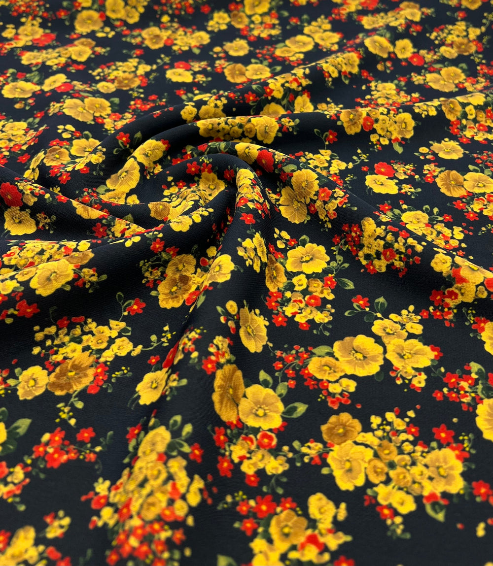 Yellow Ditsy Floral Lightweight Crepe Fabric 155GSM Non Stretch