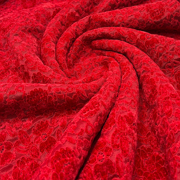 Red Embossed Textured Scalloped Edge Floral Lace Fabric Stretch