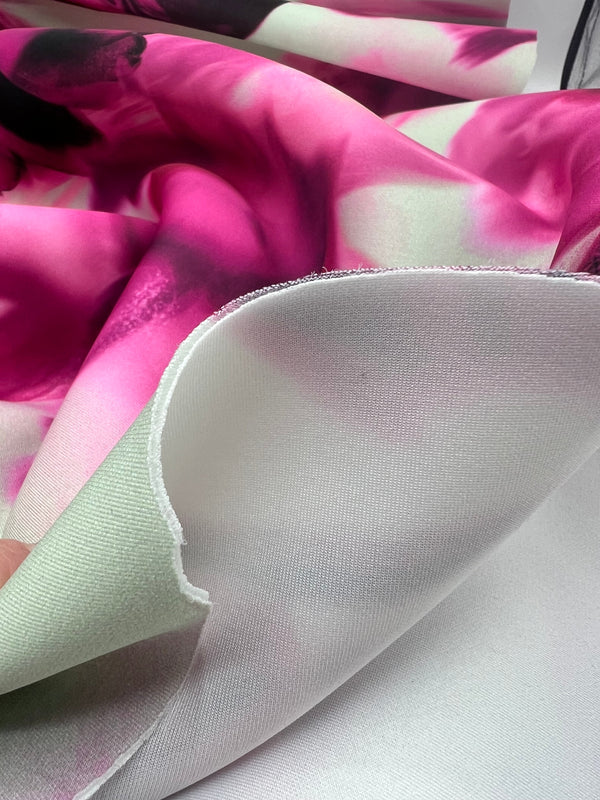 Pink Floral Scuba Foam 3D Mono Jersey Fabric 2 Way Stretch