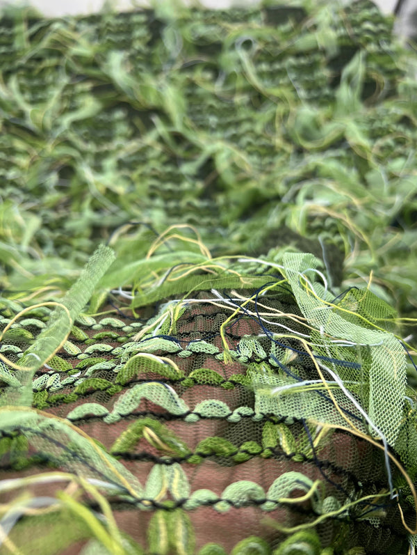 Green Mix Textured Mesh Tassel Fabric 2 Way Stretch