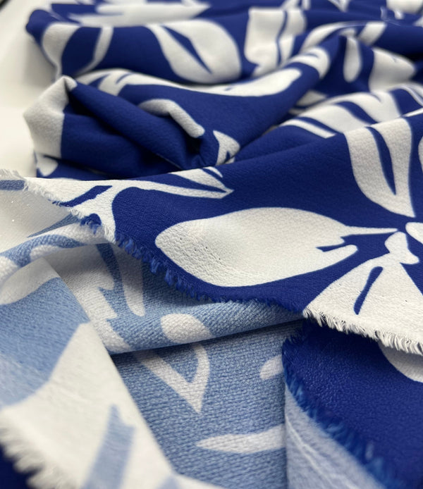 Blue Leaf Print Lightweight Bubble Crepe Fabric