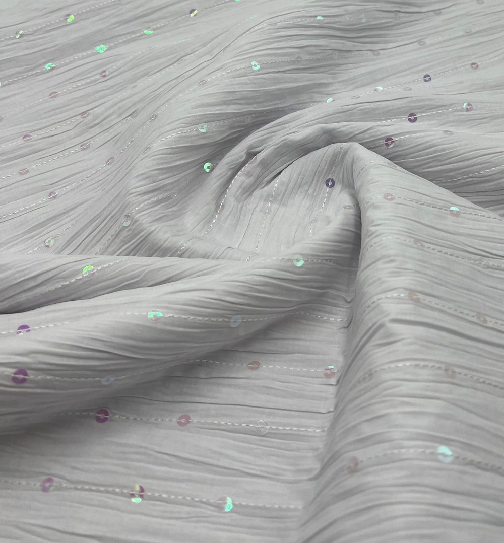White Sequin Crinkled Lightweight Non Stretch Fabric
