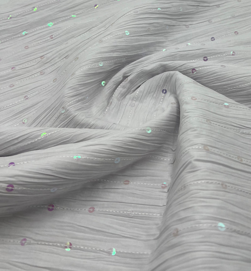White Sequin Crinkled Lightweight Non Stretch Fabric