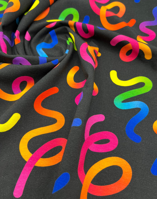 Party Streamers Print Cotton Stretch Jersey 200 GSM 95/5 Lycra 4 Way Stretch