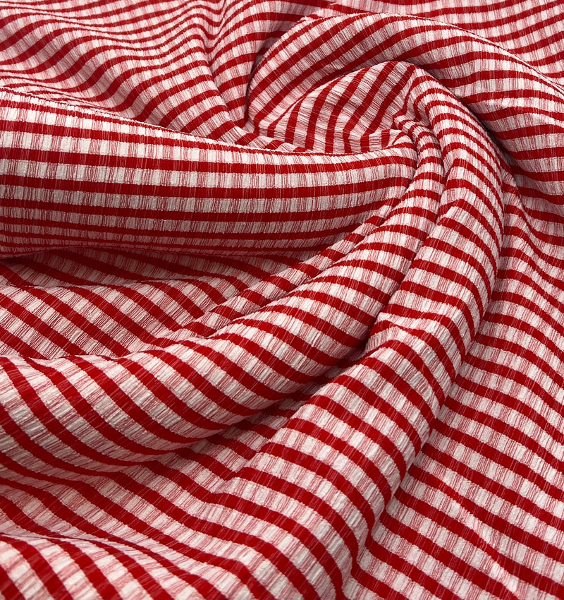 Red Gingham Detail Print Lightweight Crinkle Crepe Fabric
