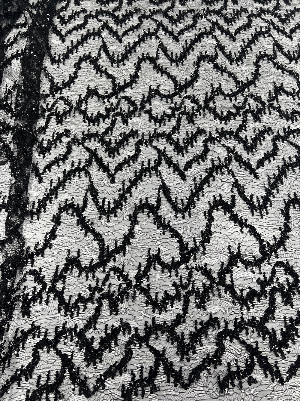 Black Sequin Detail Textured Mesh Stretch Fabric