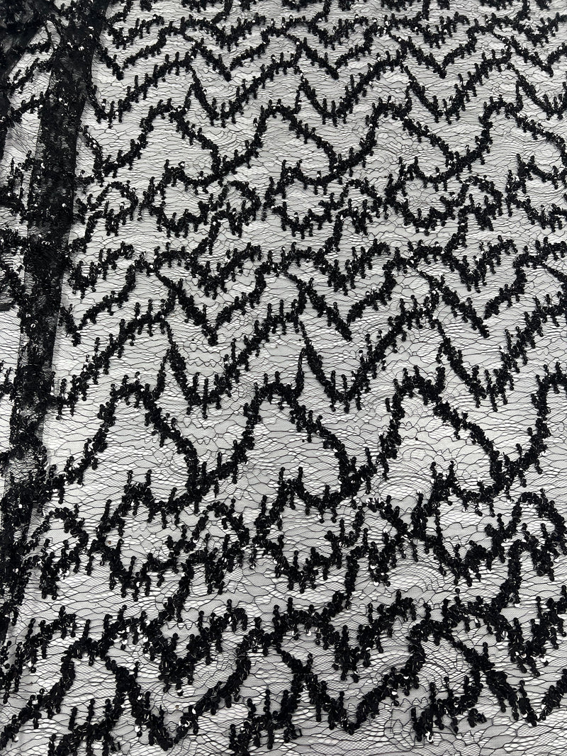 Black Sequin Detail Textured Mesh Stretch Fabric