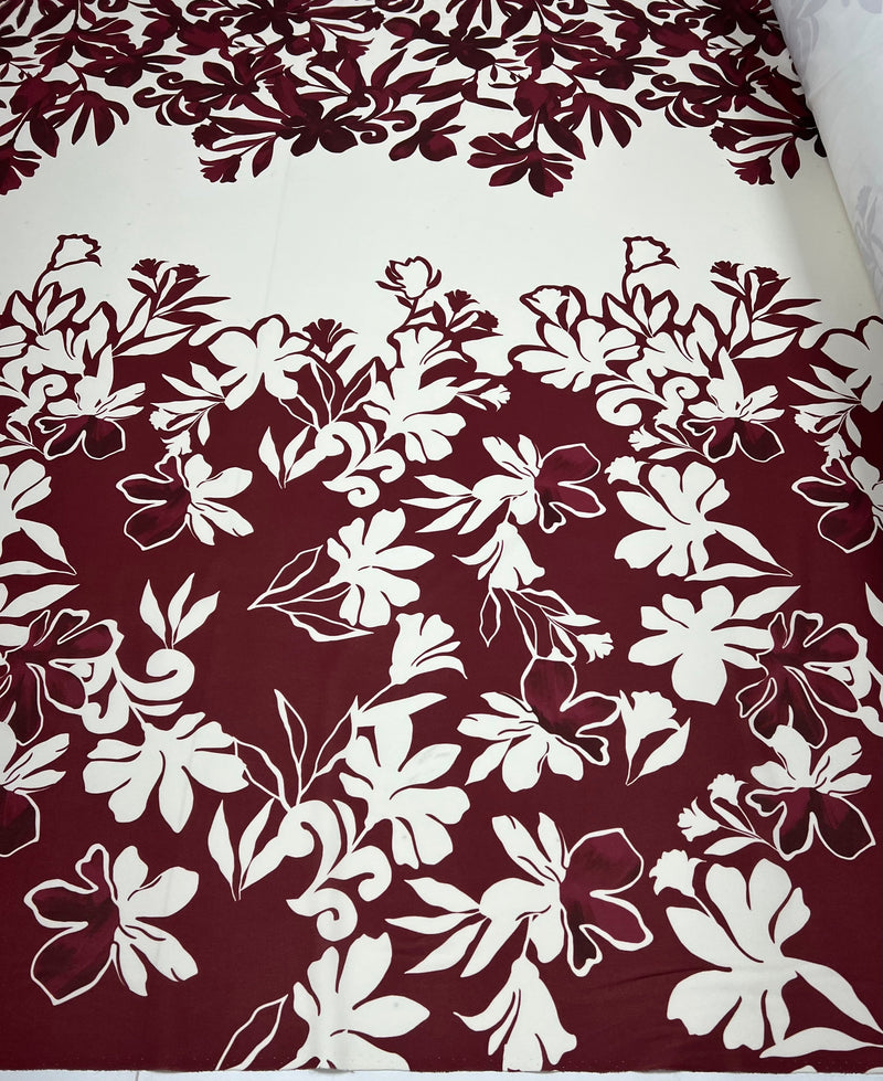 Burgundy Floral Printed Scuba Crepe Jersey Fabric 4 Way Stretch