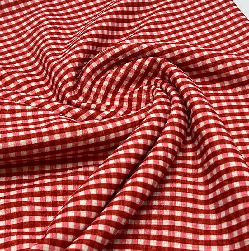 Red Gingham Check Print Lightweight Bubble Crepe Fabric