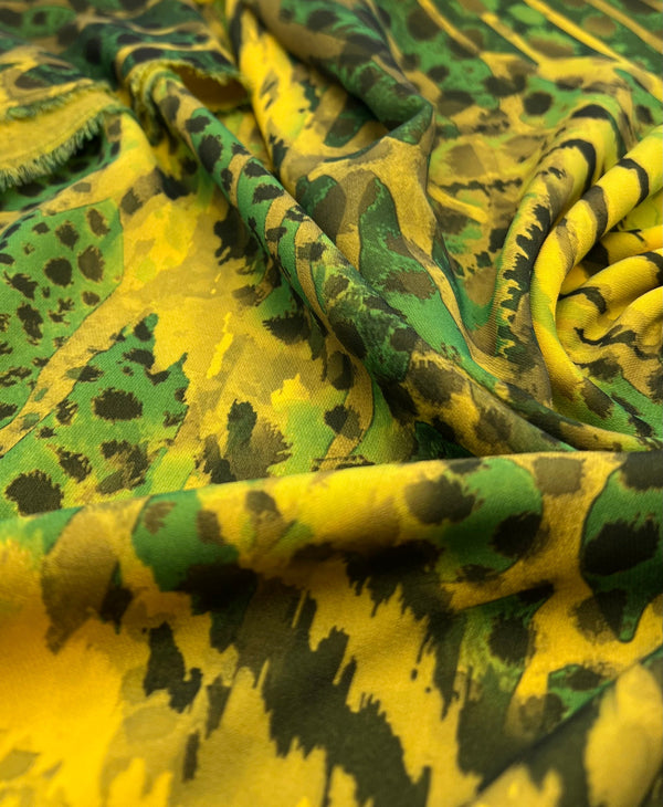 Green Yellow Animal Lightweight Crepe Fabric 160GSM Non Stretch