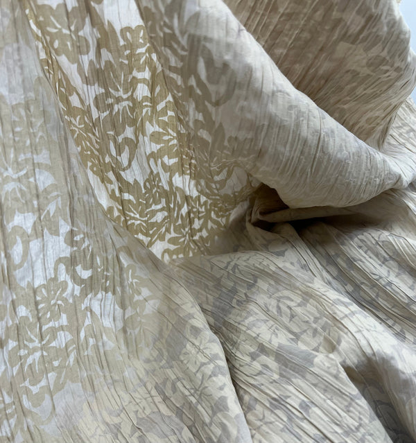 Beige Floral Crinkled Lightweight Non Stretch Woven Fabric
