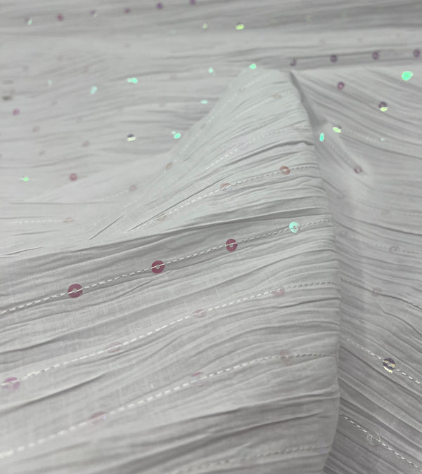 White Sequin Crinkled Lightweight Non Stretch Fabric