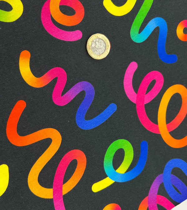 Party Streamers Print Cotton Stretch Jersey 200 GSM 95/5 Lycra 4 Way Stretch