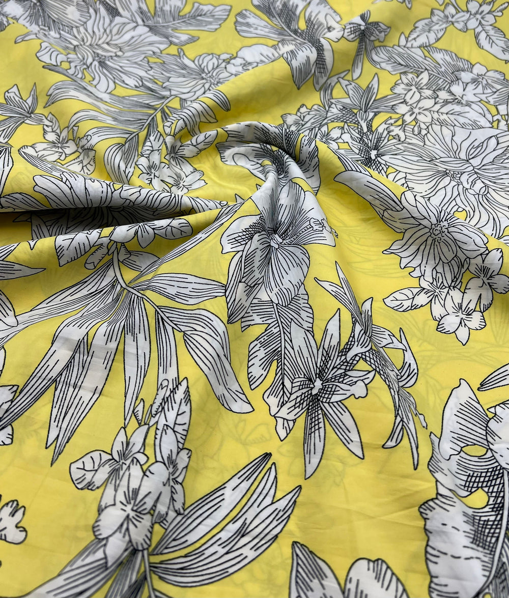 Yellow White Floral Lightweight Crepe Fabric 70GSM Non Stretch