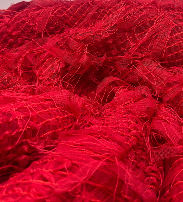 Red Textured Mesh Tassel Fabric 2 Way Stretch