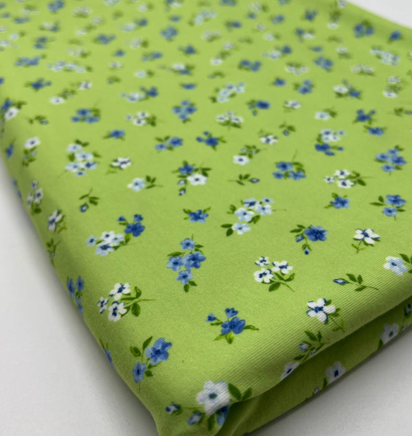 Bright Green Ditsy Floral Print Spun Poly Stretch Fabric