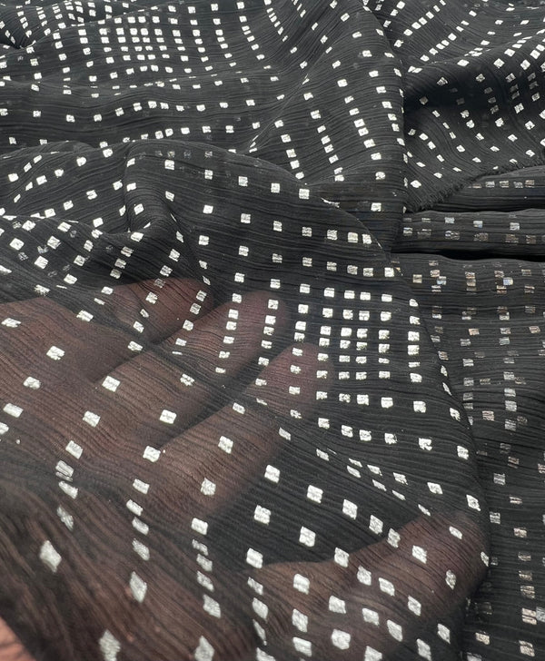 Black Silver Square Printed Chiffon Dress Fabric