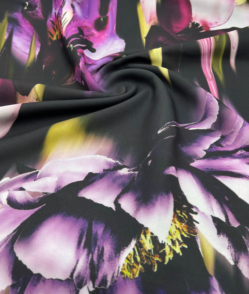 Black Purple Floral Lightweight Crepe Fabric 125GSM Non Stretch