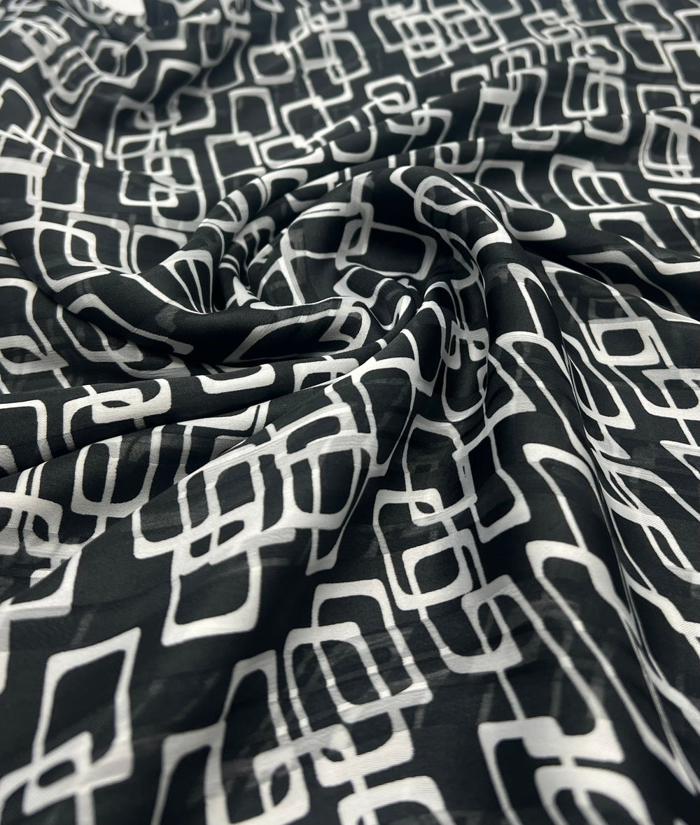 Black White Rectangles Printed Chiffon Dress Fabric