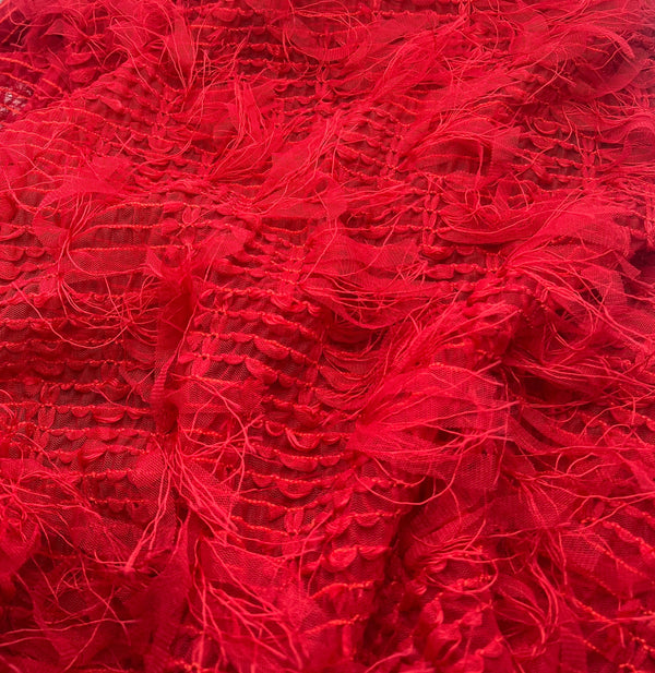 Red Textured Mesh Tassel Fabric 2 Way Stretch