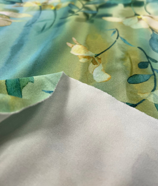 Green Floral Printed Scuba Crepe Jersey Fabric 2 Way Stretch