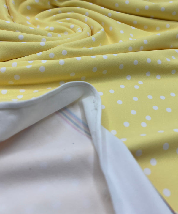 Lemon Yellow Polka Stretch Jersey 220GSM 4 Way Stretch Fabric