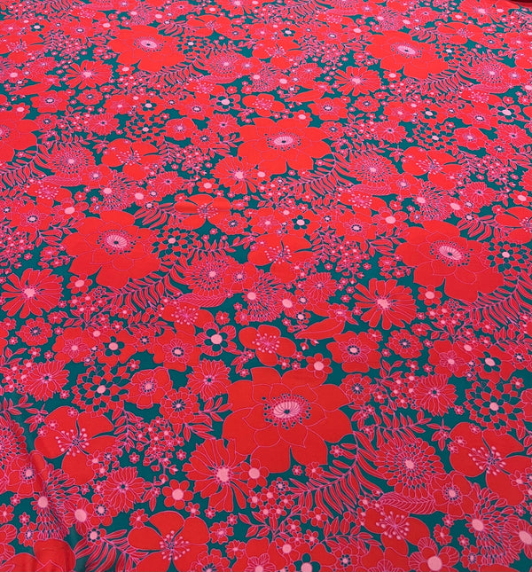 Red Green Floral Lightweight Crepe Fabric 110GSM Non Stretch