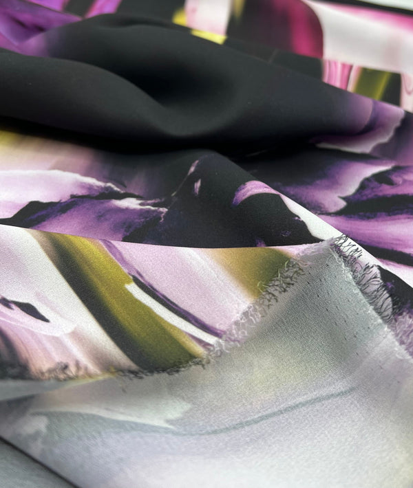 Black Purple Floral Lightweight Crepe Fabric 125GSM Non Stretch