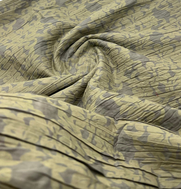 Khaki Floral Crinkled Lightweight Non Stretch Woven Fabric