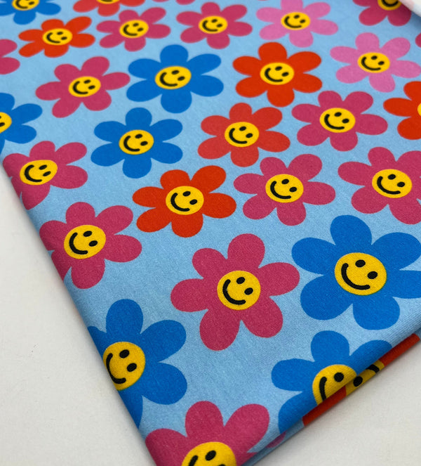Happy Blooms Print Cotton Stretch Jersey 200 GSM 95/5 Lycra 4 Way Stretch