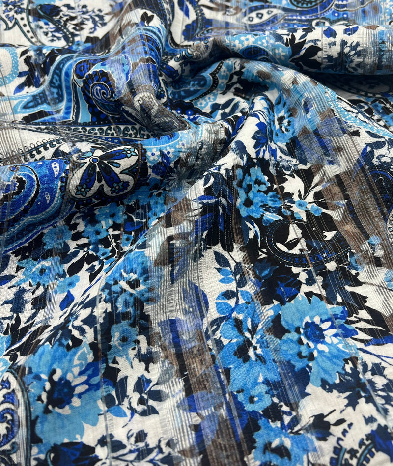 Blue Black Floral Lightweight Fabric 80GSM Non Stretch