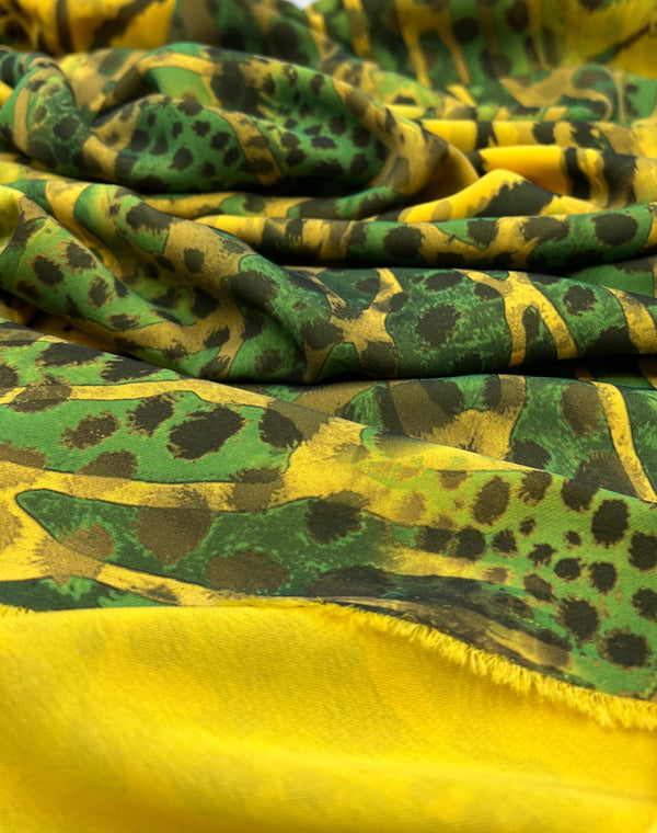 Green Yellow Animal Lightweight Crepe Fabric 160GSM Non Stretch