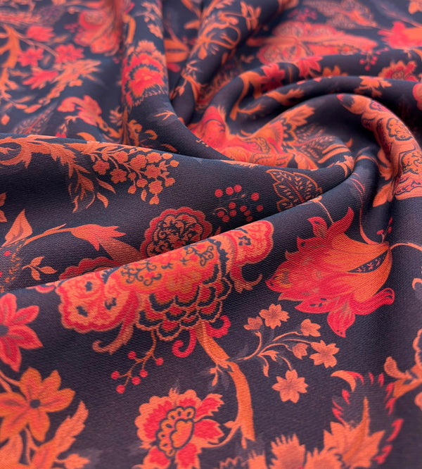 Black Red Floral Lightweight Crepe Fabric 175GSM Non Stretch