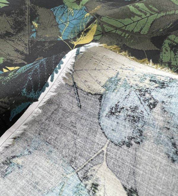 Black Leaves Linen Look Non Stretch Fabric