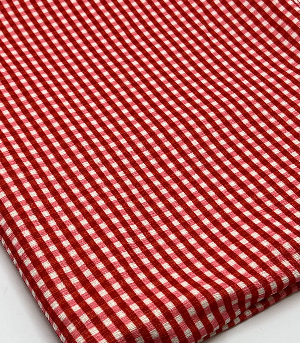 Red Gingham Check Print Lightweight Bubble Crepe Fabric