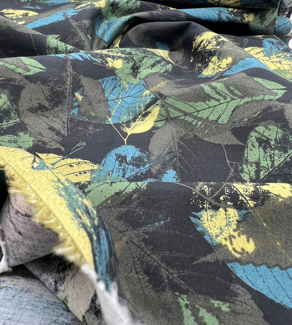 Black Leaves Linen Look Non Stretch Fabric