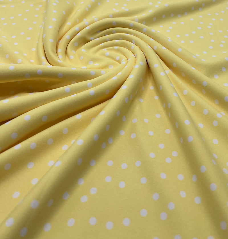 Lemon Yellow Polka Stretch Jersey 220GSM 4 Way Stretch Fabric