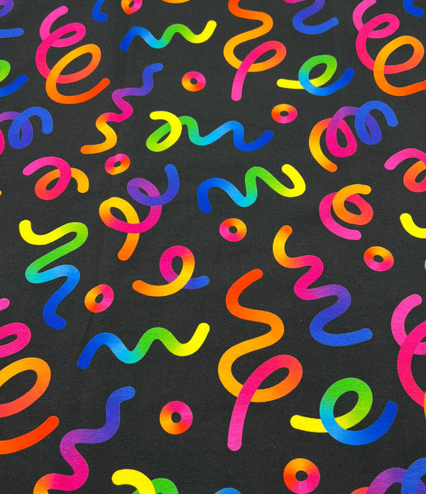 Party Streamers Print Cotton Stretch Jersey 200 GSM 95/5 Lycra 4 Way Stretch