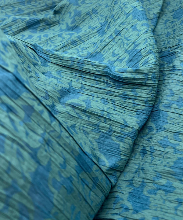 Teal Green Floral Crinkled Lightweight Non Stretch Fabric