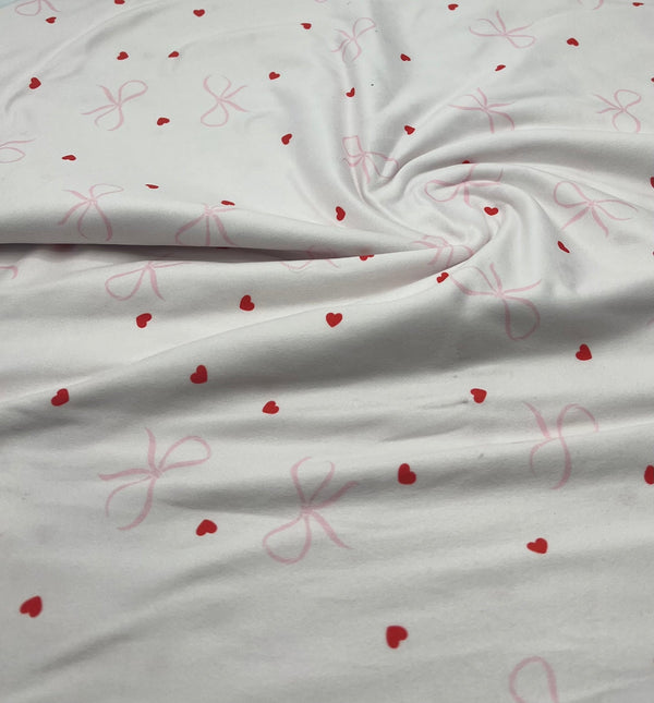 Soft Pink Heart Bow Super Soft Print Spun Poly Stretch Fabric