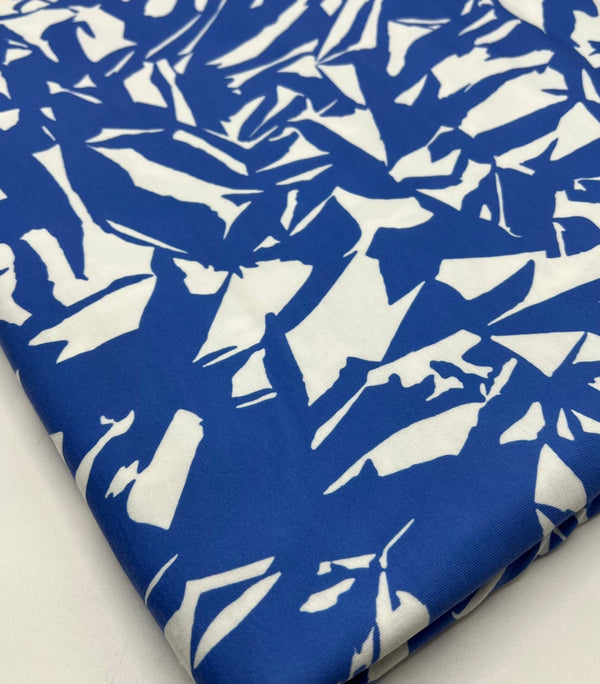 Blue White Mix Print Spun Poly Stretch Fabric