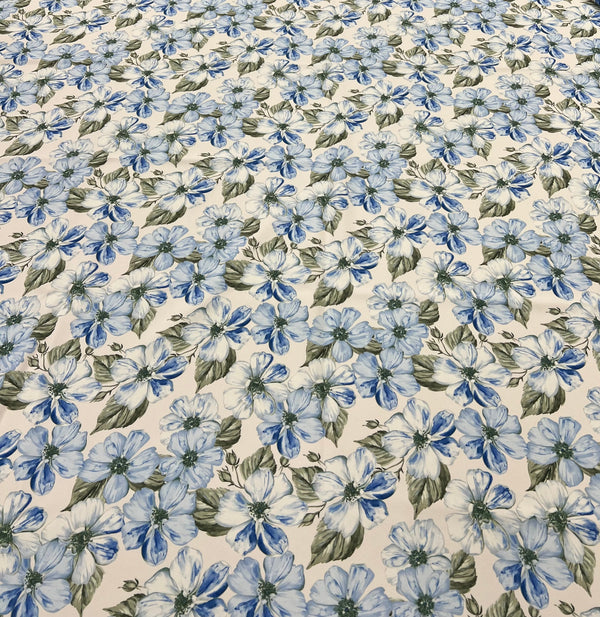 Ivory Blue Floral Compact Crepe Fabric 2 Way Stretch