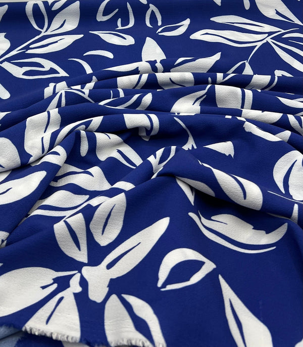 Blue Leaf Print Lightweight Bubble Crepe Fabric