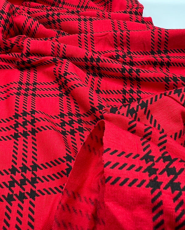 Red & Black Check Print Viscose Elastane Fabric