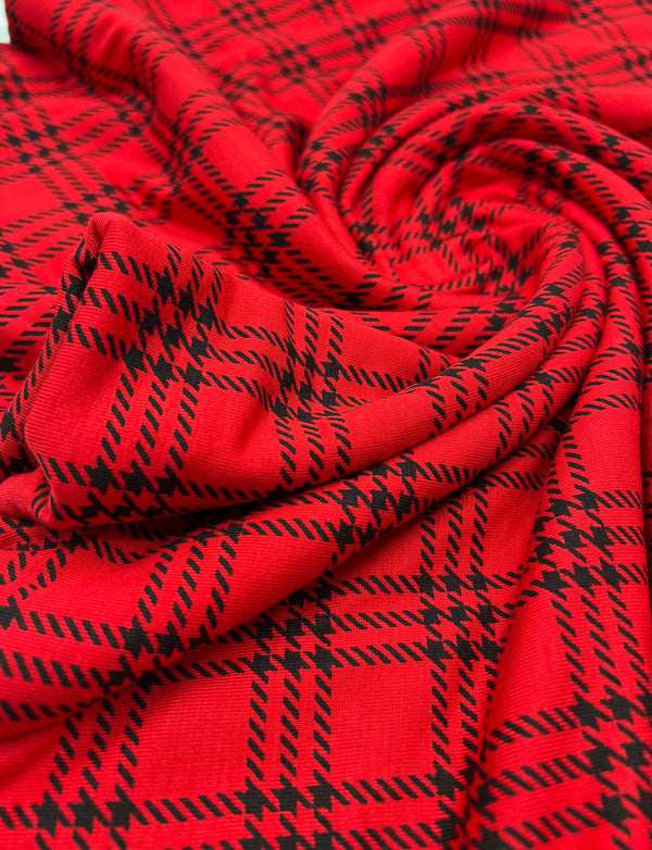 Red & Black Check Print Viscose Elastane Fabric