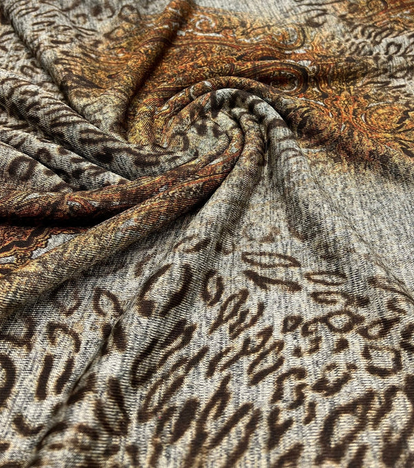 Animal Grey Orange Floral Melange Knit Stretch Fabric