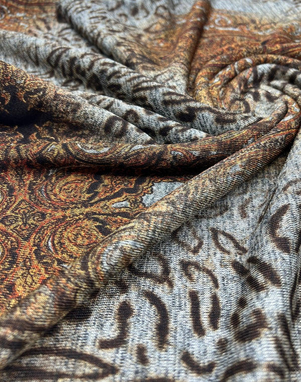 Animal Grey Orange Floral Melange Knit Stretch Fabric