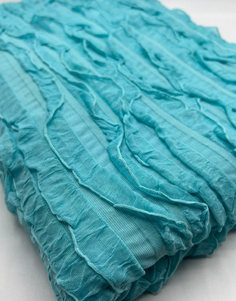 Aqua Blue Ruffle Textured 4 Way Stretch Fabric