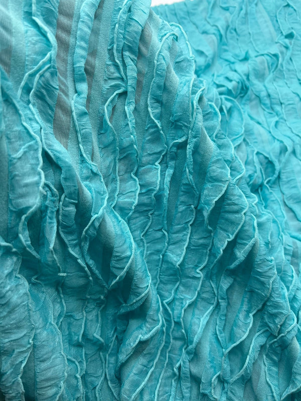Aqua Blue Ruffle Textured 4 Way Stretch Fabric