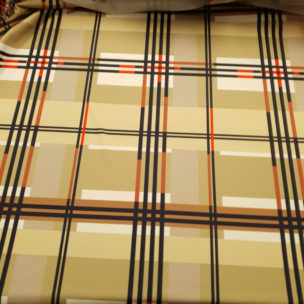 Beige Large Check Printed Scuba Crepe Jersey Fabric 4 Way Stretch